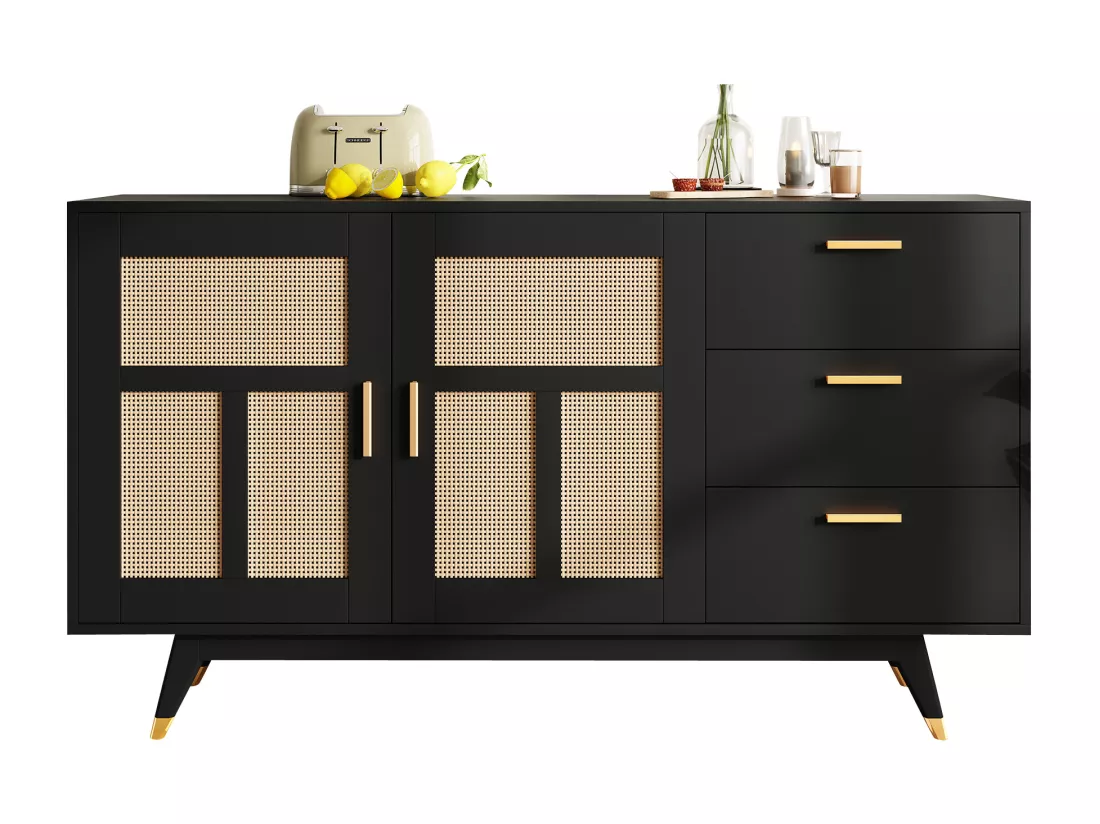Buffet 160x40x87cm - avec 2 portes en rotin et 3 tiroirs - Noir