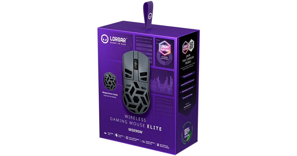 LORGARMSE90W gaming muis  (Donkergrijs, 100 - 26000 dpi, Ultralight)