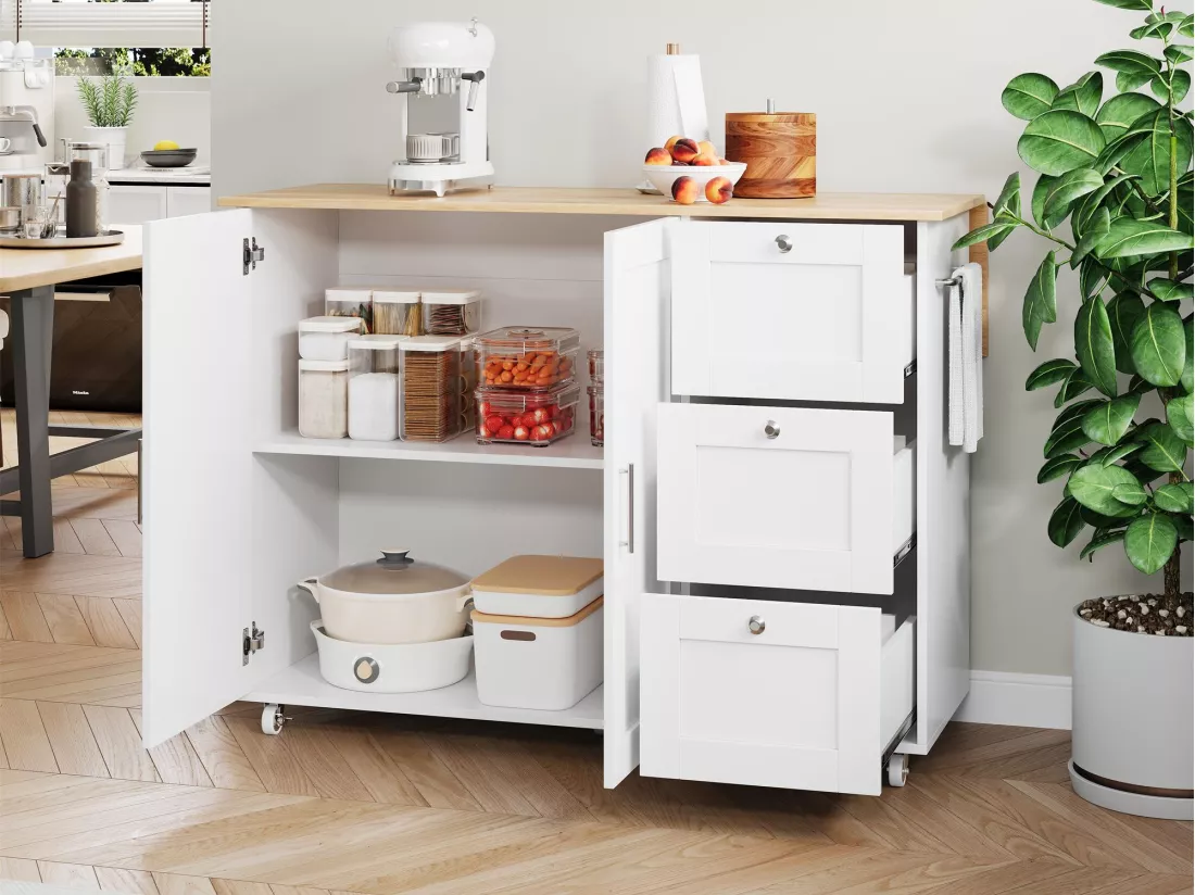 Ilot central de cuisine - avec comptoir pliant - 3 tiroirs et étagères réglables - Blanc