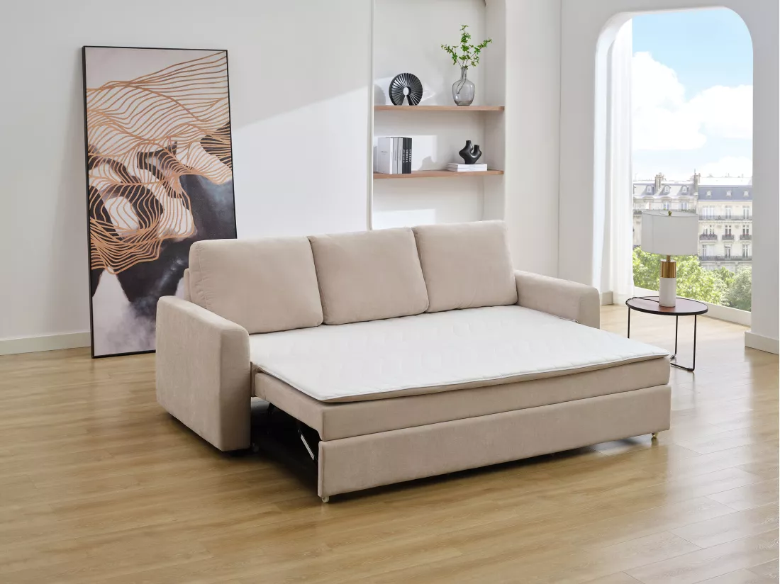 Canapé 3 places convertible en tissu beige avec assise à mémoire de forme ARCATA