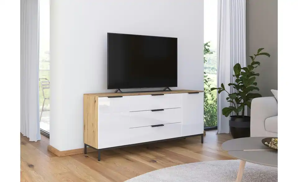 Sideboard Weiß, Eiche Artisan (Nachbildung) Front: Glas, Oberboden: Dekor Graphit
