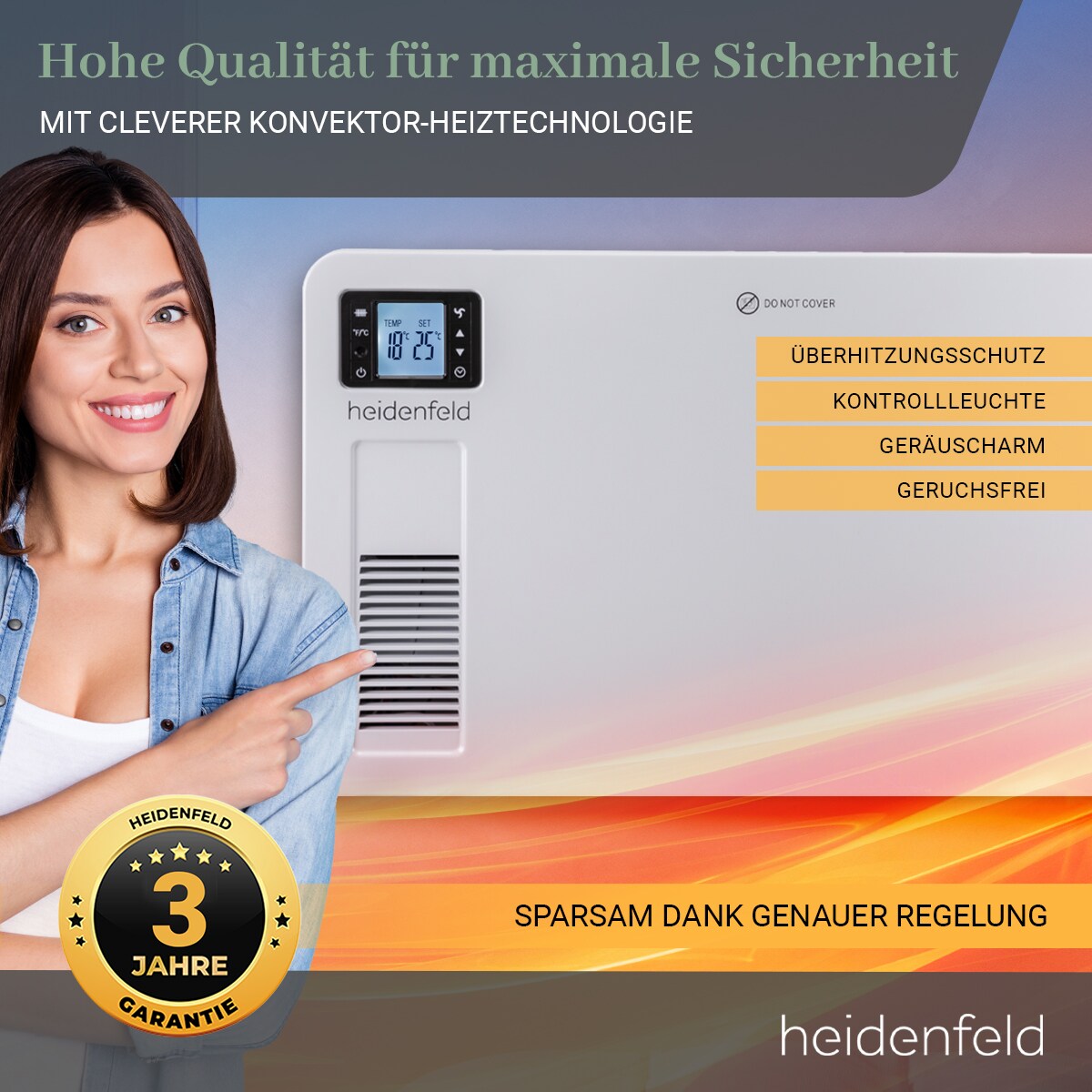 Heidenfeld Konvektorheizung EK100, Standgerät oder Wandmontage, 1000-2300 Watt, Timer, bis 40 m²