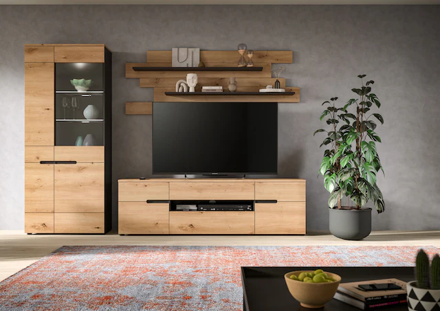 INOSIGN Wohnwand »REHAT, TOPSELLER!, 3-teilig, Breite 280 cm, inklusive Beleuchtung« Set inkl. Beleuchtung, bestehend aus: Vitrine, Lowboard und Wandboard, 5 Stk. tlg.