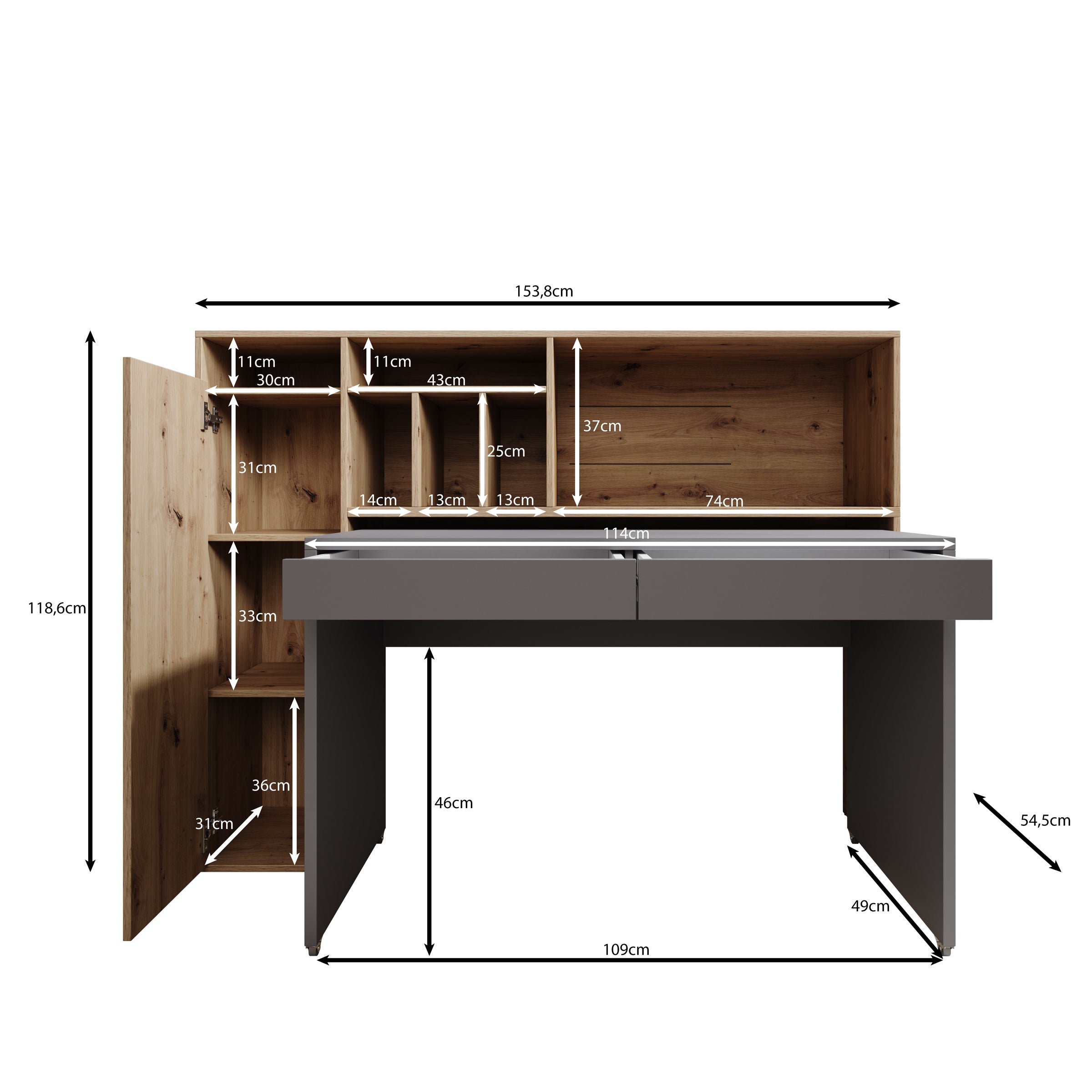 Taroa - Bureau - Eikenpatroon/Grijs - 154x55x119 cm