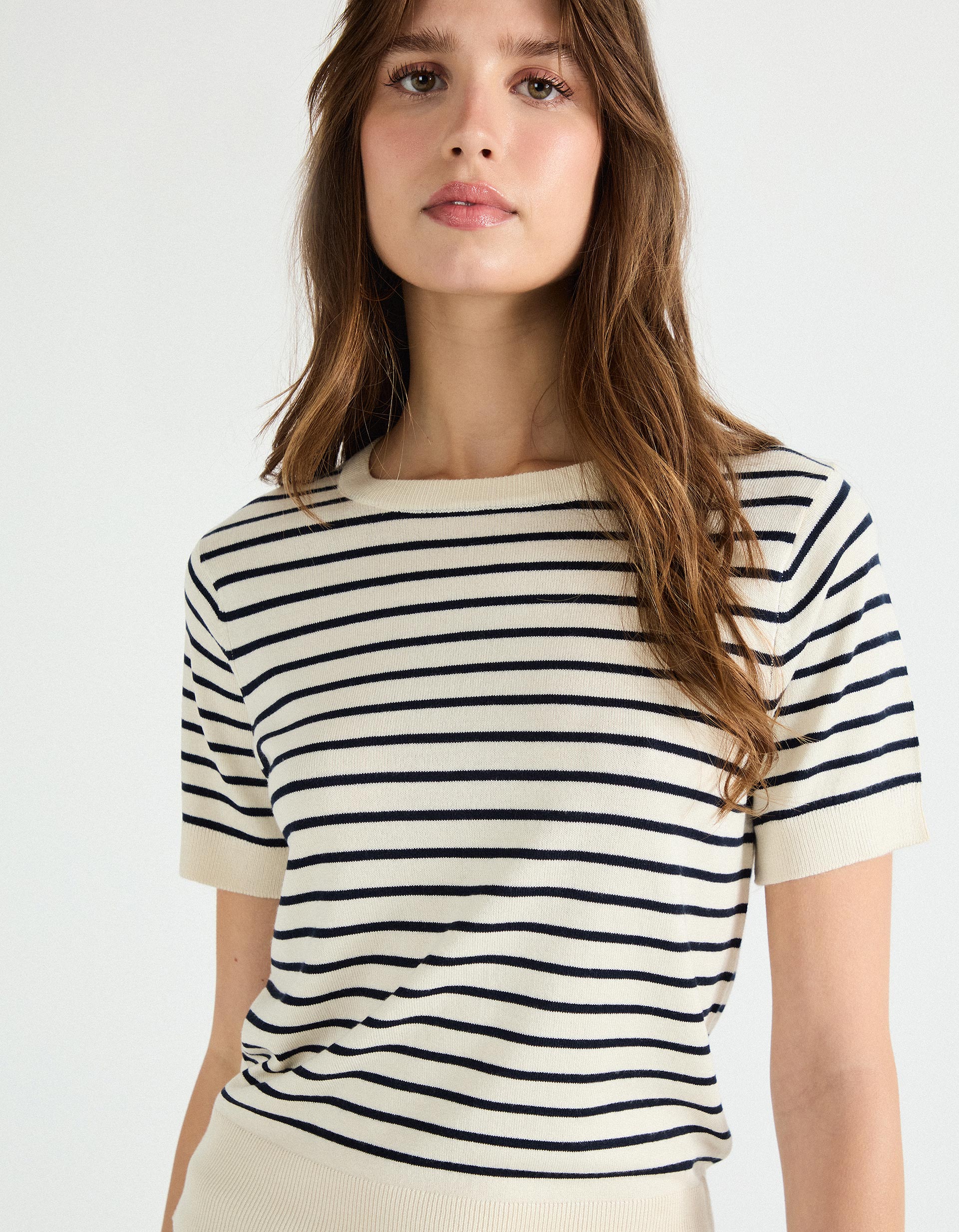 Camisola de Malha às Riscas, Mulher, Bege