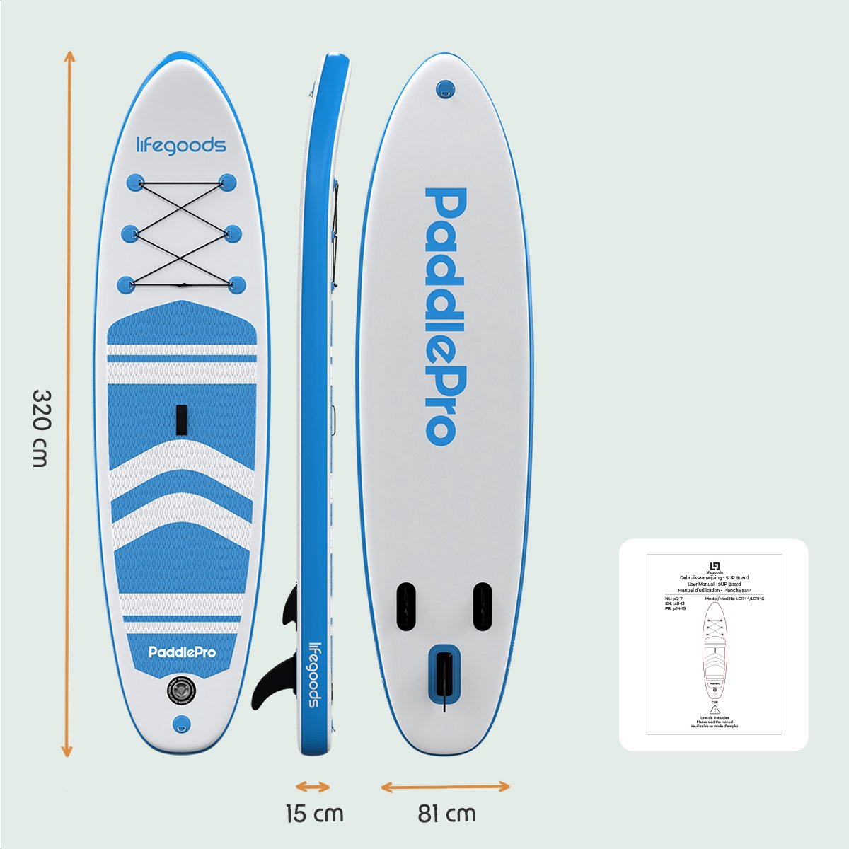 LifeGoods PaddlePro SUP Board - White/Sky Blue