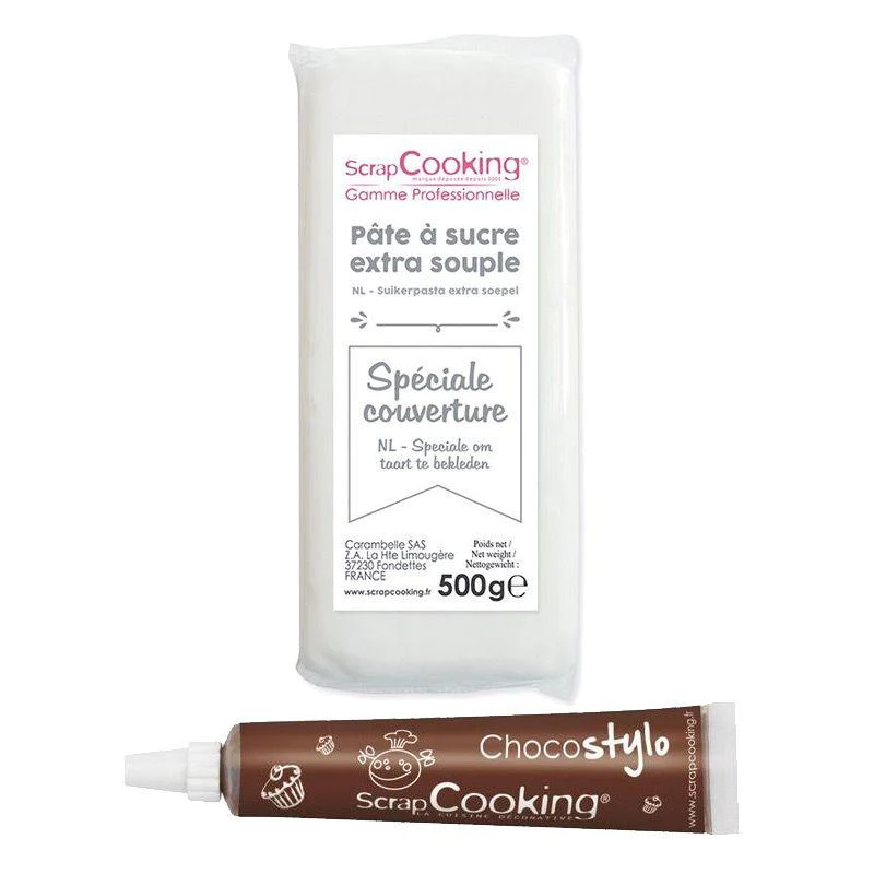 Pâte à sucre de couverture blanche 500 g + 1 Stylo chocolat Scrapcooki