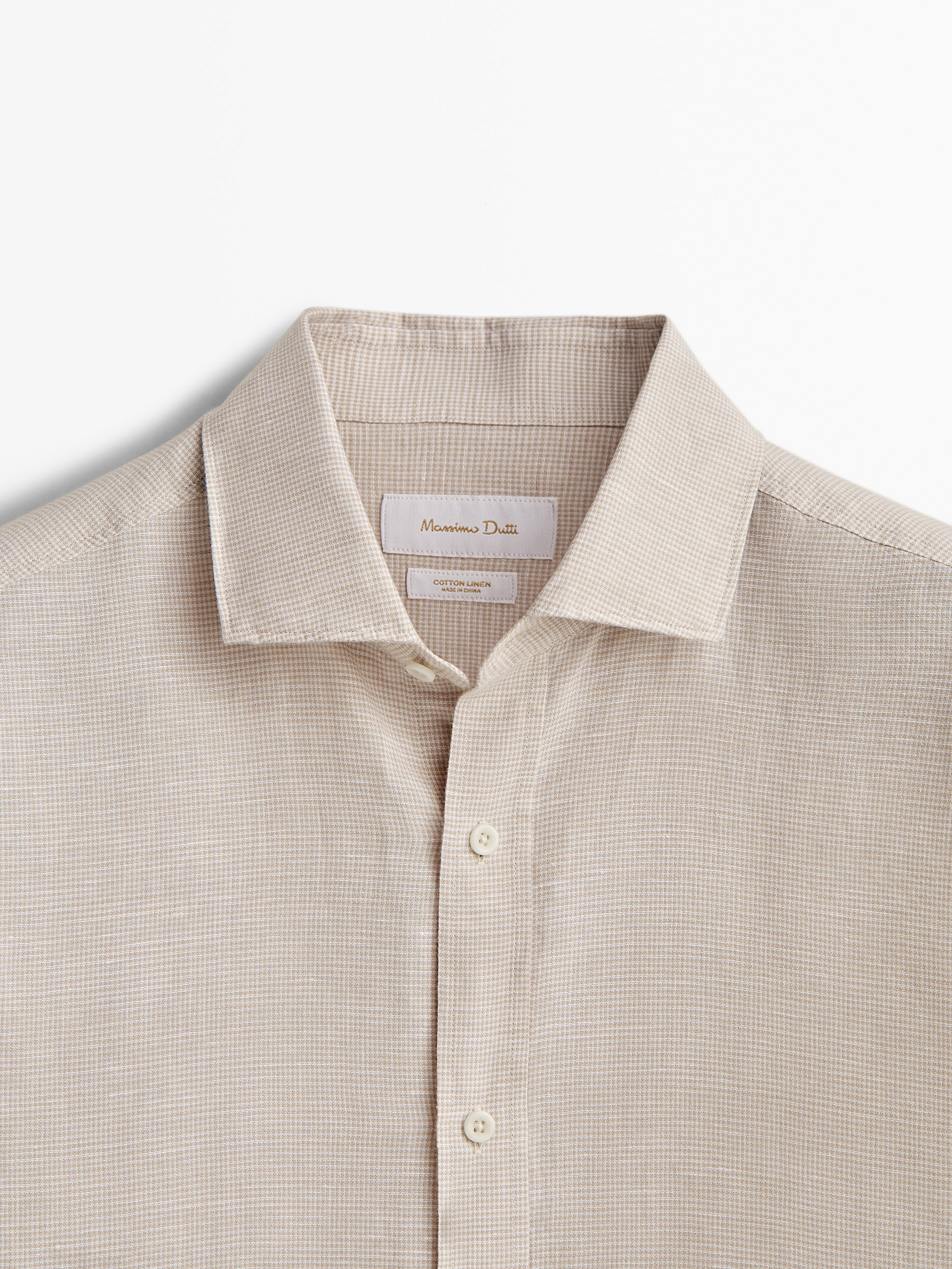 Camisa de linho com estampa pied-de-poule e corte slim - BEGE