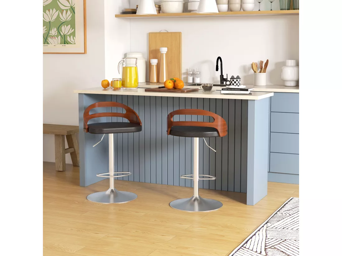 Lot de 2 tabourets de bar design contemporain hauteur d'assise réglable pivotant 360° revêtement synthétique noir dossier ajouré aspect bois