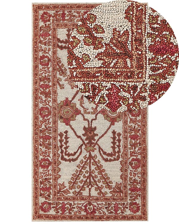 Gulvteppe Oransje Beige Ull 80 x 150 cm Håndtuftet Geometrisk Orientalsk Mønster Boho Stue Soverom