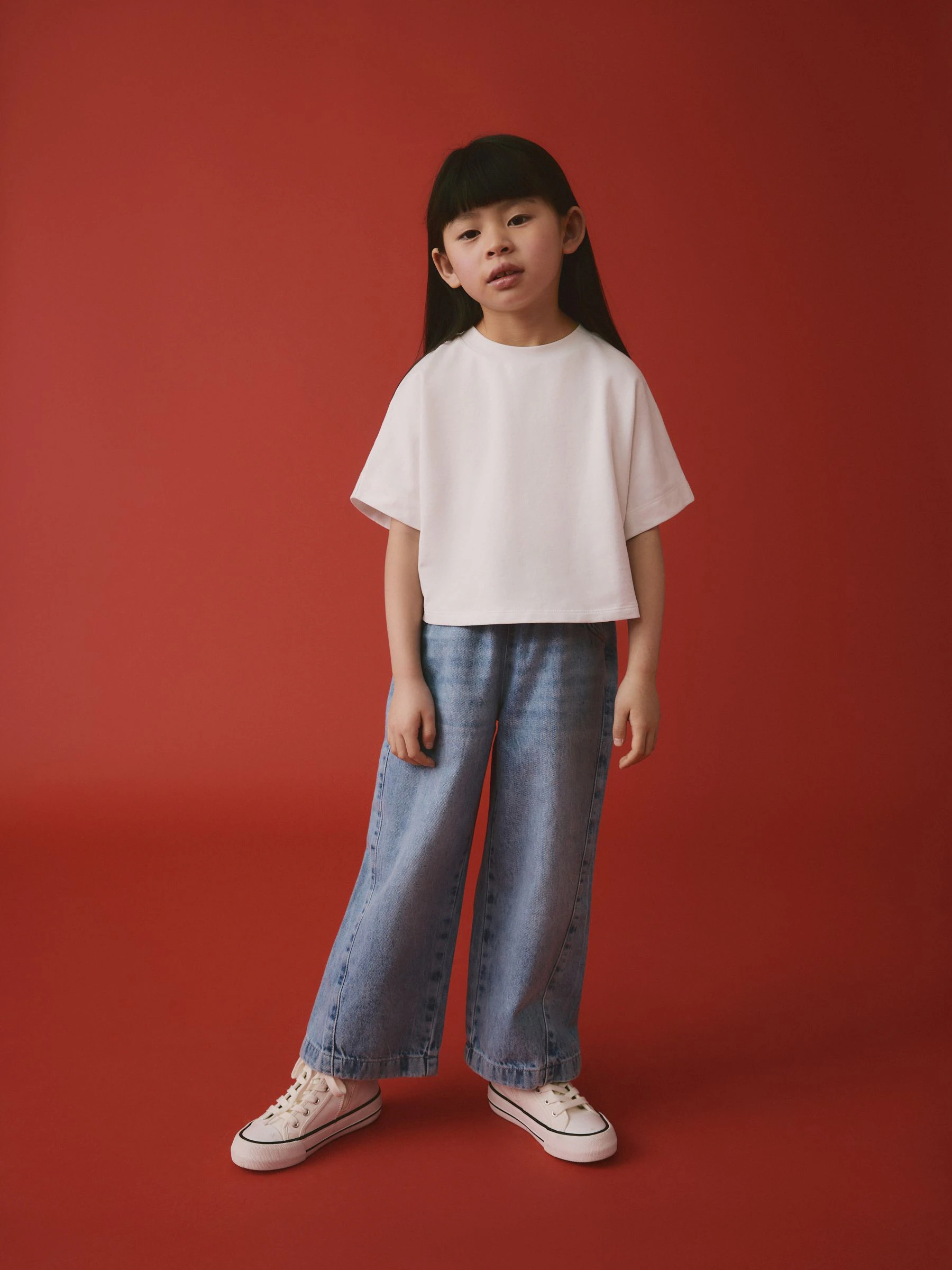 Middenblauw denim - 100% katoenen pull-on jeans met wijde pijpen (3-16jr)