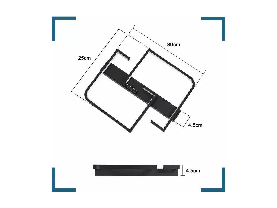 NETTLIFE Plafonnier LED Plafonnier Noir 19W 30CM Moderne Blanc Chaud 3000K Design Géométrique