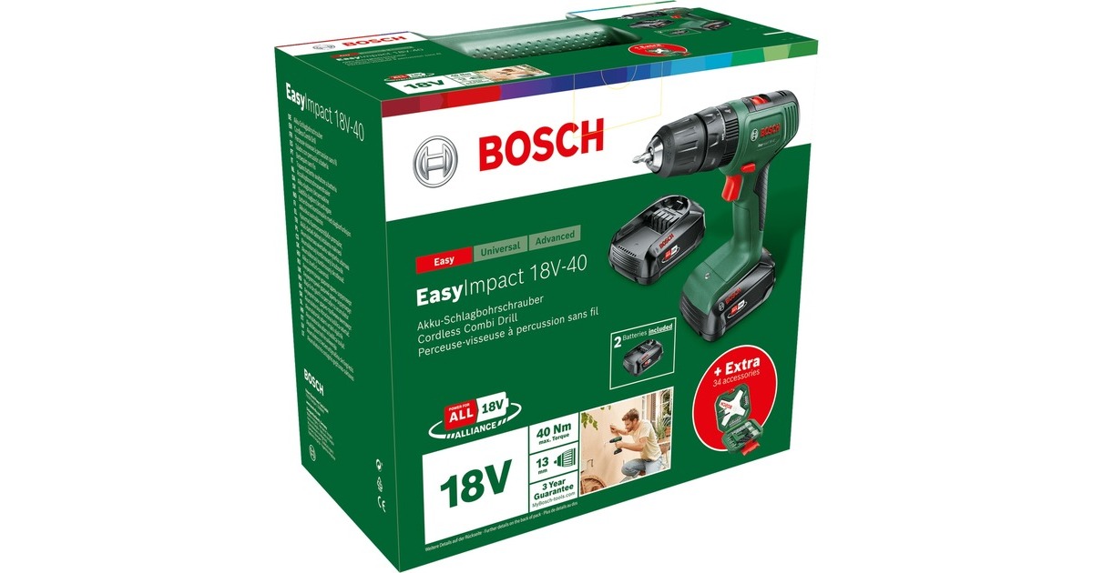 BoschEasyImpact 18V-40 accuschroefklopboormachine  schroeftol  (Groen/zwart, 2x 2,0 Ah accu en oplader inbegrepen, POWER FOR ALL ALLIANCE)