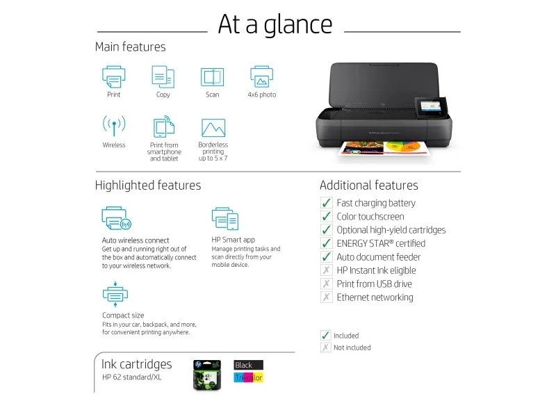 HP Officejet 250 Mobile All-in-One - Multifunktionsprinter - farve - blækprinter - Legal (216 x 356 mm) (original) - A4/Legal (medie) - op til 8 spm (kopiering) - op til 10 spm (udskriver) - 50 ark - USB 2.0, USB vært, Wi-Fi