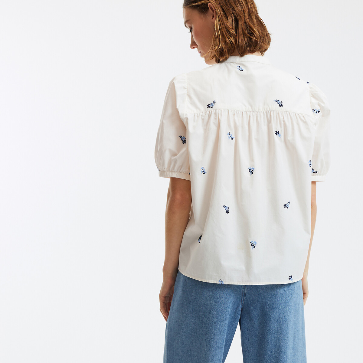 COLEÇÃO LA REDOUTE<br>Camisa com bordado floral, gola Mao, mangas bufantes