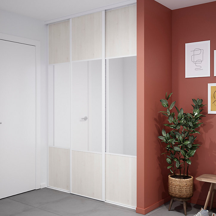 Porte de placard coulissante avec miroir bois nordique profil blanc GoodHome Arius H. 248,5 x L. 62.2 cm + amortisseurs