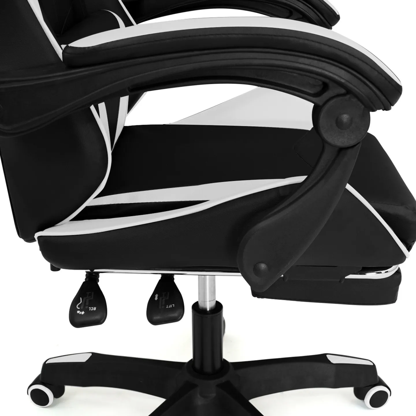 Fauteuil de gaming ALEX réglable avec repose-pied, coussin de tête et coussin lombaire noir et blanc