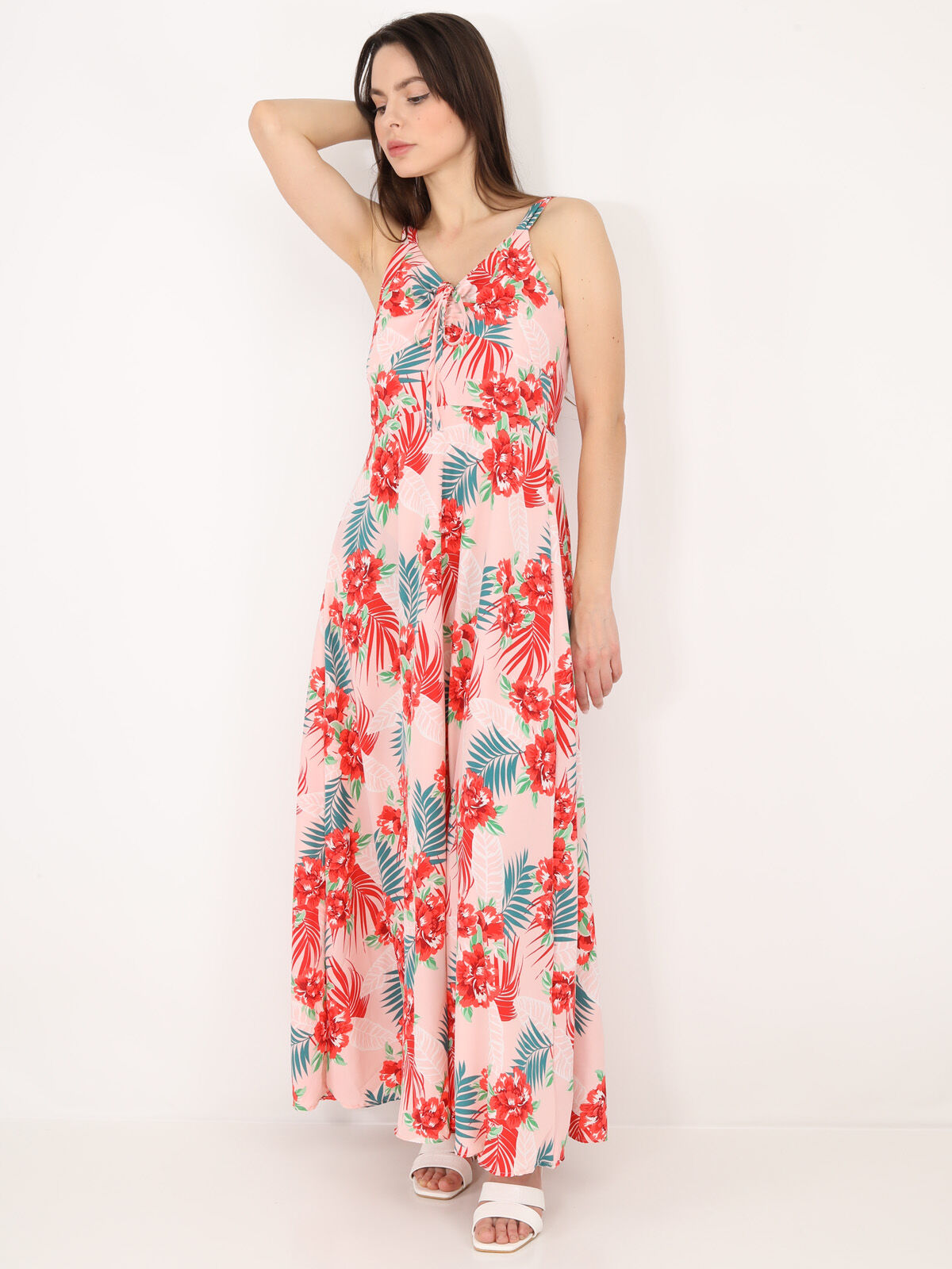 Robe longue dos nu à fleurs- Rose