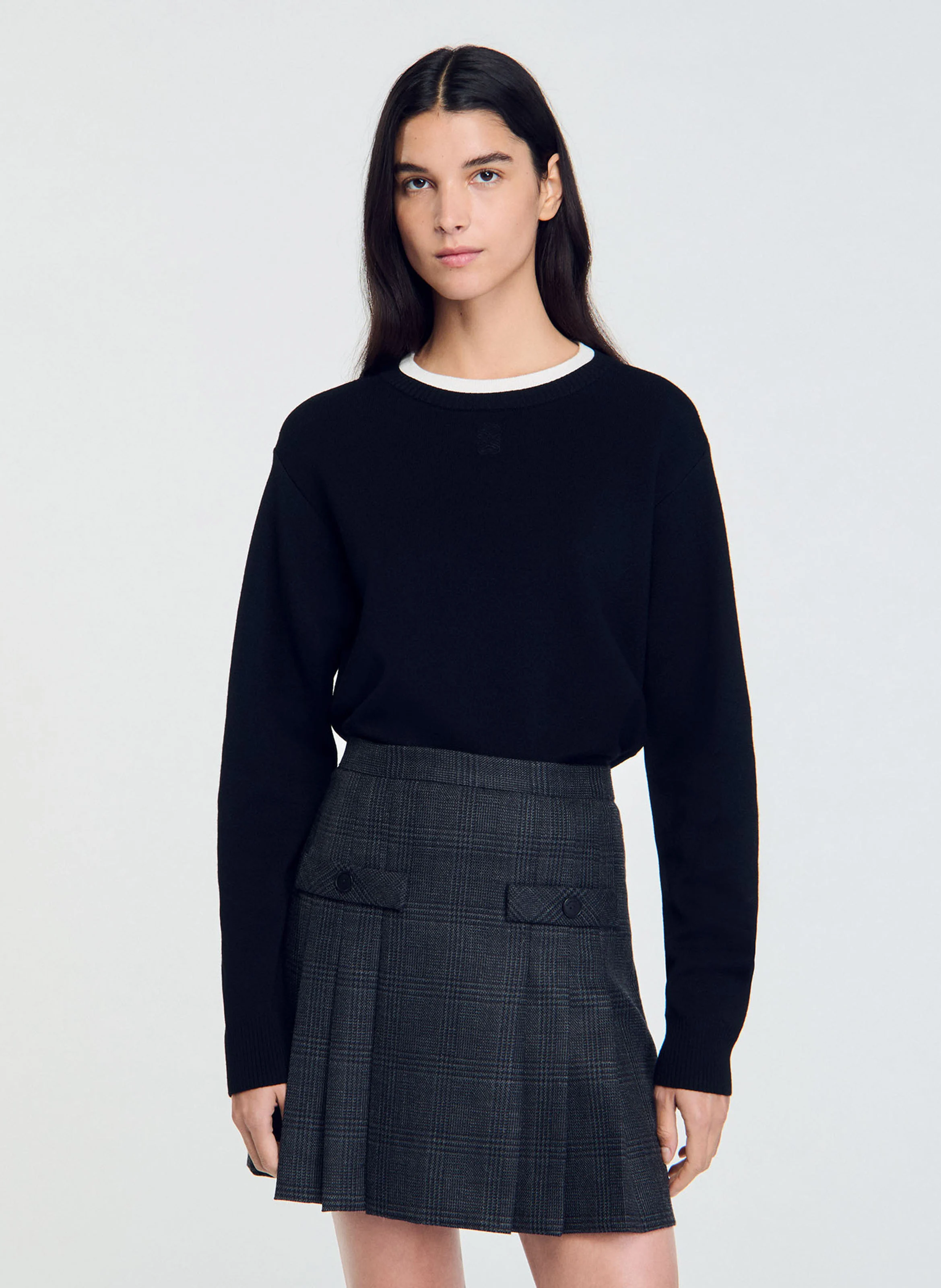 Pull col rond droit en laine mélangée | Noir