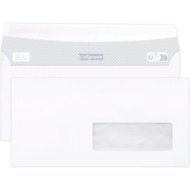 Enveloppe Clairefontaine 80 g/m² blanche à fenêtre papier cristal avec bande de protection - Boite de 500