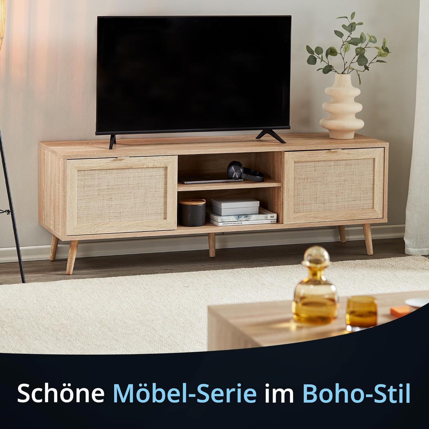 KHG TV-Lowboard hell-braun mit 2 Türen und 2 offenen Fächern modern Eiche-Optik, TV-Bank aus Holzwerkstoff Rattan-Optik, Gestell aus Massivholz - 150 x 52 x 40 cm (B/H/T)