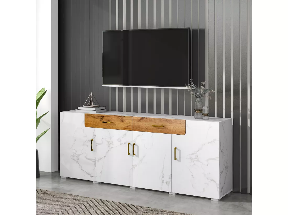 Buffet blanc effet marbre 4 portes 2 tiroirs 208x39,5x80cm ELAD