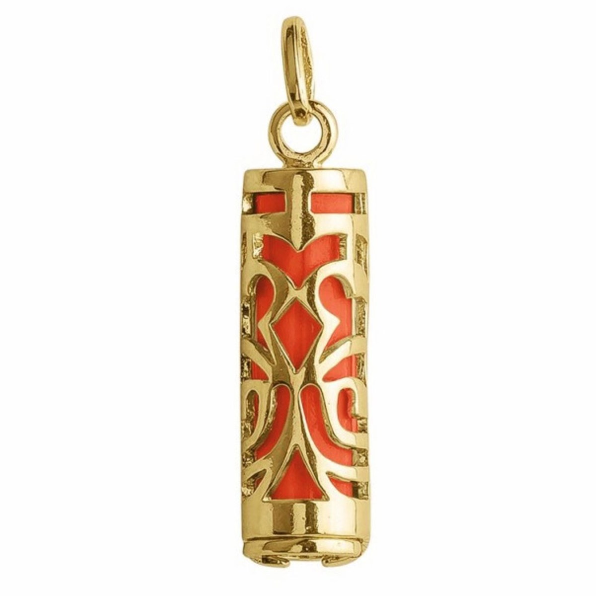 Pendentif Tiki Polynésien rouge corail maori en plaqué or 3cm + chaîne symbole force