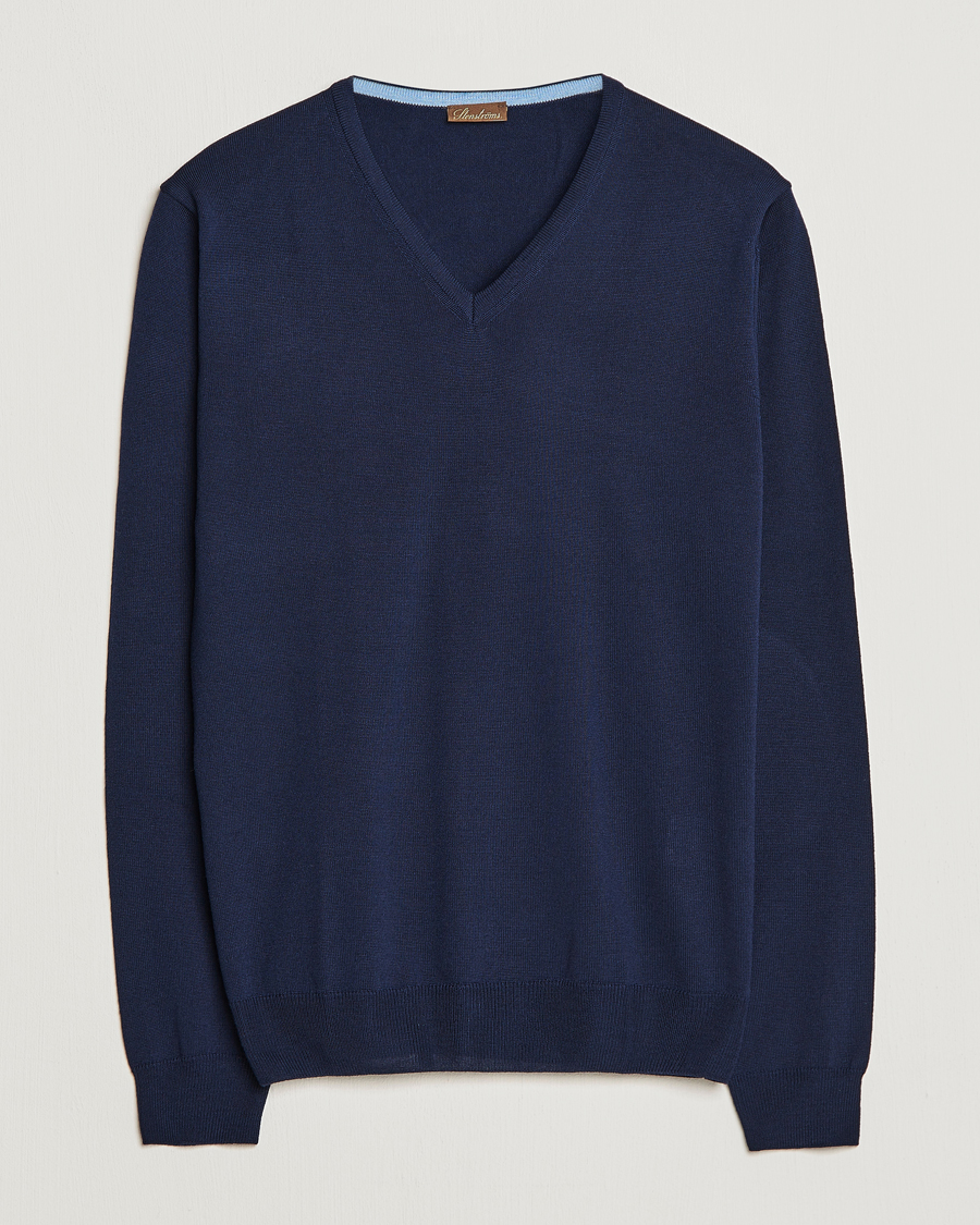 Stenströms Merino Patch V-Neck Navy/Light Blue