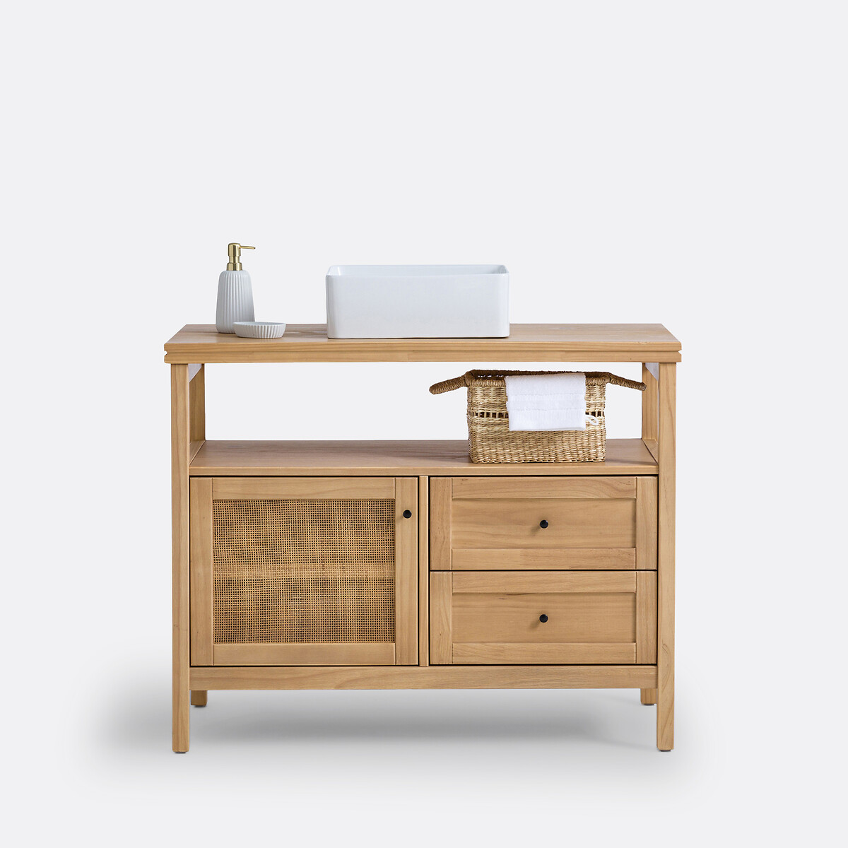 LA REDOUTE INTERIEURS<br>Móvel lavatório de pinho e rattan L100 cm, Gabin