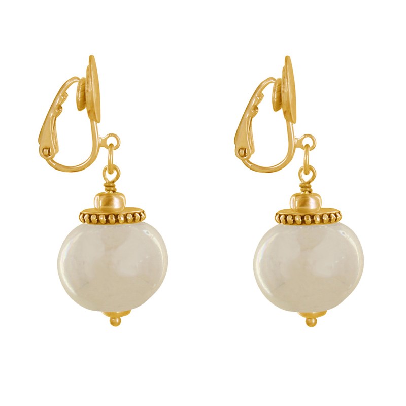 Boucles d'Oreilles Clip Métal Doré et Grosses Perles en Céramique