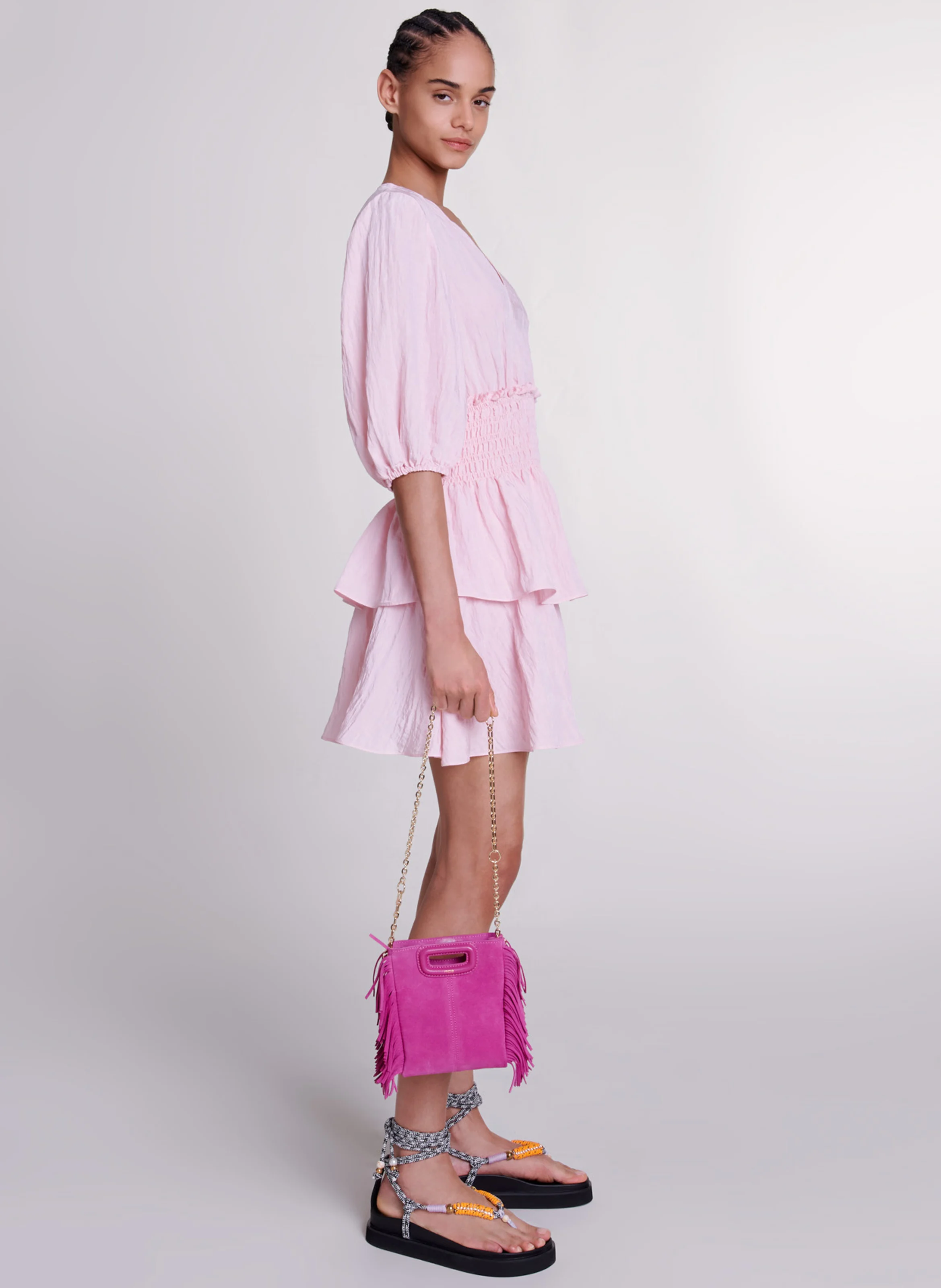 Robe courte col V à volants| Rose