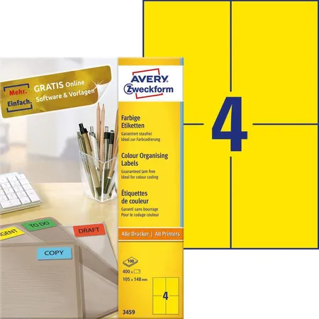 Avery Zweckform 3459 Farbige Etiketten,A4 105 x 148 mm, 100 Bogen/400 Etiketten, gelb