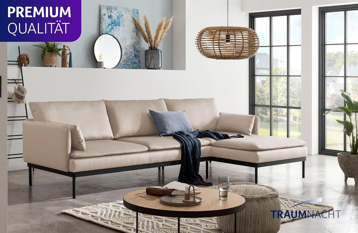 Traumnacht Ecksofa Lyon Sofa 2-Sitzer mit Recamiere, beige/Recamiere lässt sich flexibel an der rechten oder linken Seite anbauen, produziert nach deutschem Qualitätsstandard, leichter Aufbau