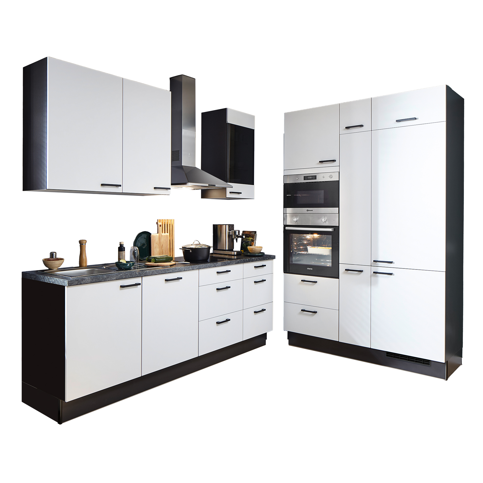 pino Küchenblock PN210 - Alpinweiß supermatt - mit E-Geräten - Kühlschrank rechts - 230+150 cm