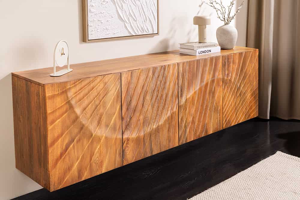 Massives Sideboard SCORPION 180cm braun hängend Mangoholz mit 3D Schnitzereien