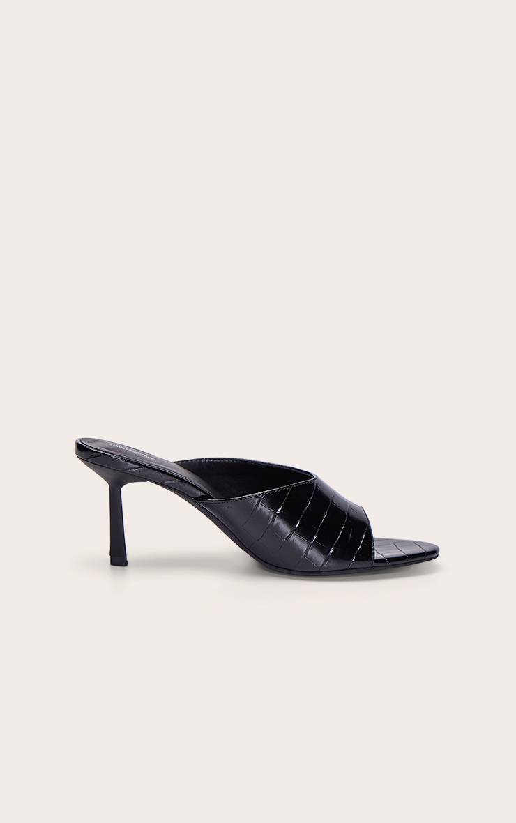 Noir Mule À Talon Bout Rond Effet Croco