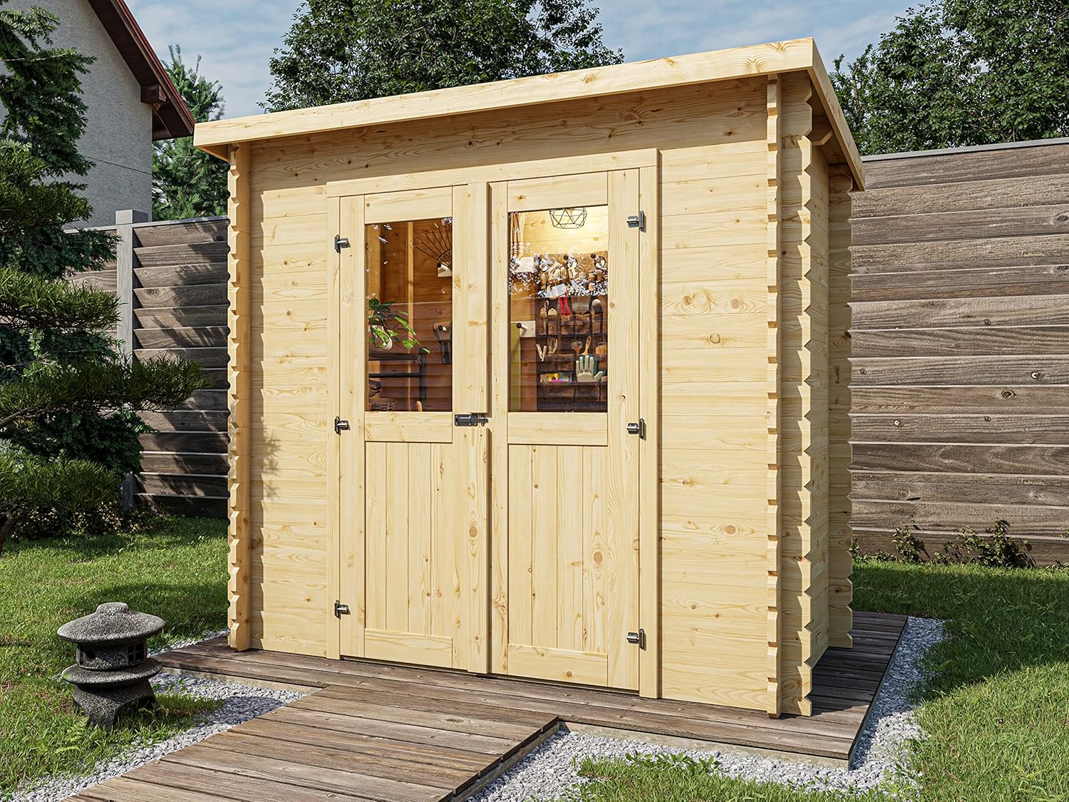 Holz Gerätehaus Mini 1 B | Wandstärke 28 mm | Blockbohlenbauweise | Naturbelassen | Pultdach | BxTxH: 230 x 127,5 x 204,4 cm | Inkl. Doppelflügeltür + Einflügeltür mit Echtglas | Ohne Fußboden