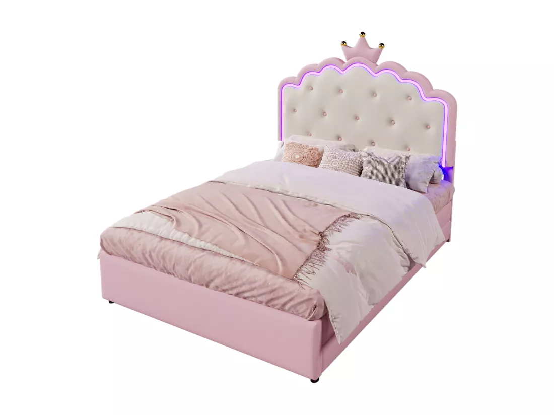 Lit gigogne 140 x 200 cm avec tête de lit en couronne - Cuir PU - LEDs - Sommier à lattes - Rose (Sans matelas)