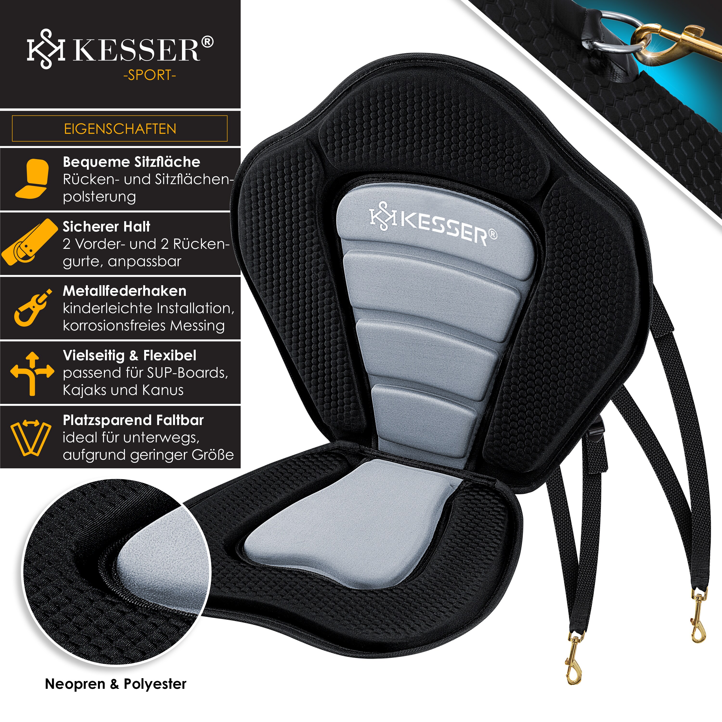 KESSER® Kajak-Sitz für SUP Board Stand Up Paddle Surfboard Sitz SUP Paddling Paddelboards Gepolsterte Sitz 32x38cm, Rückenlehne 51x45cm schnell und einfach montiert