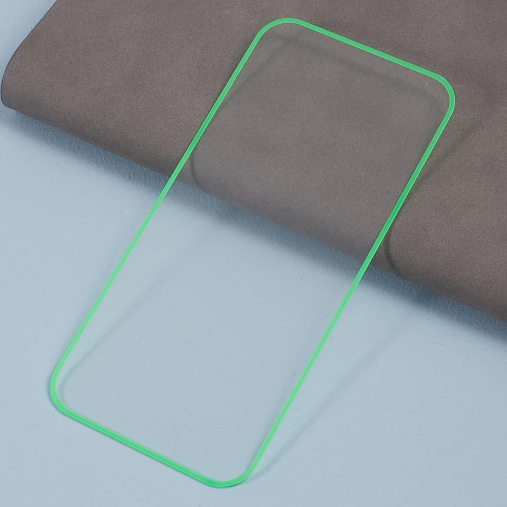 iPhone 15 Pro Max Full-Screen Vollbild Glas Fluoreszierender Display Schutz mit Leuchtendem Alu Rahmen - Grün / Transparent