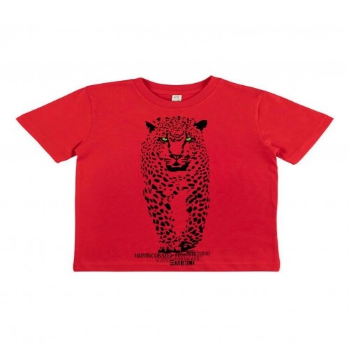 Camiseta infantil de manga curta com estampa de totem animal, em algodão orgânico, com onça-pintada vermelha.