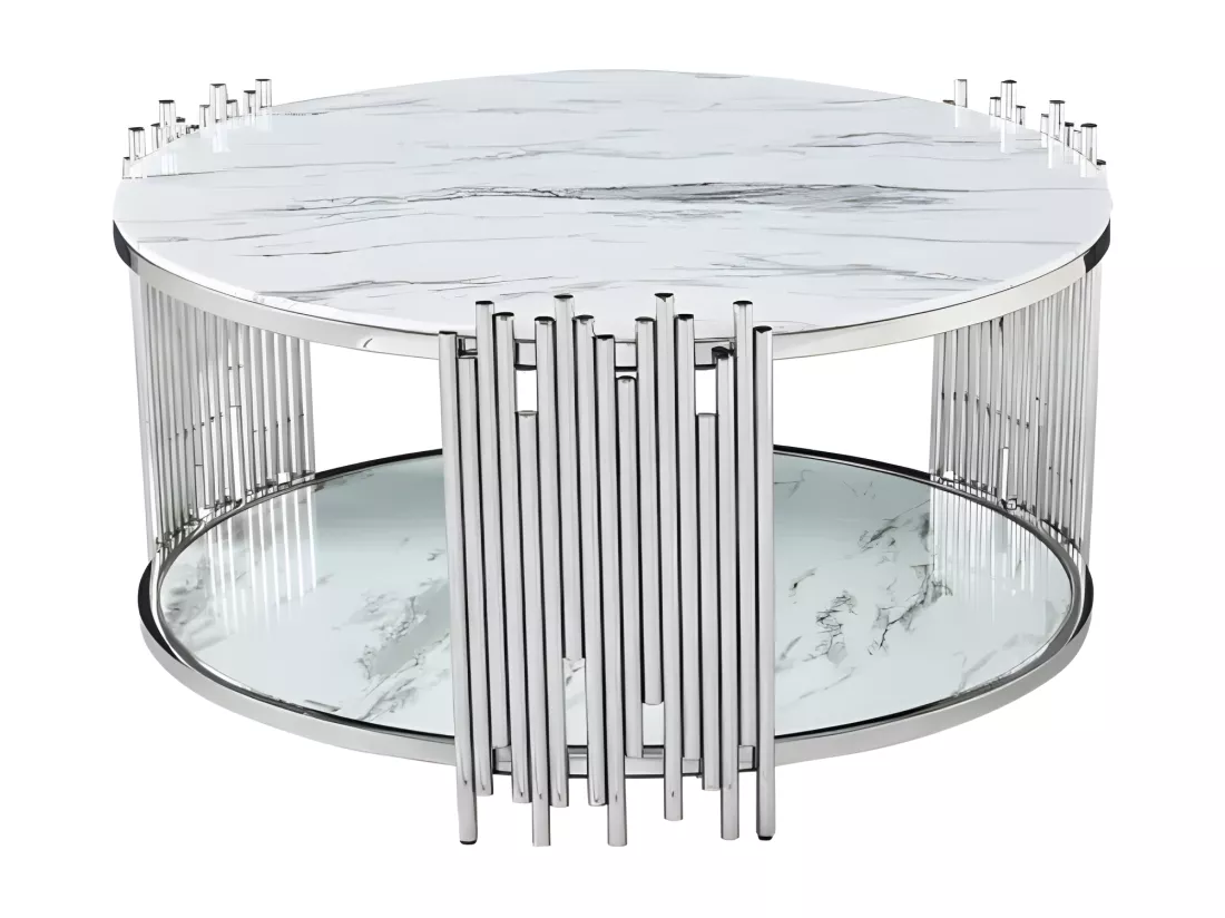 Table basse ronde stick chrome verre effet marbre blanc d90 h45 cm
