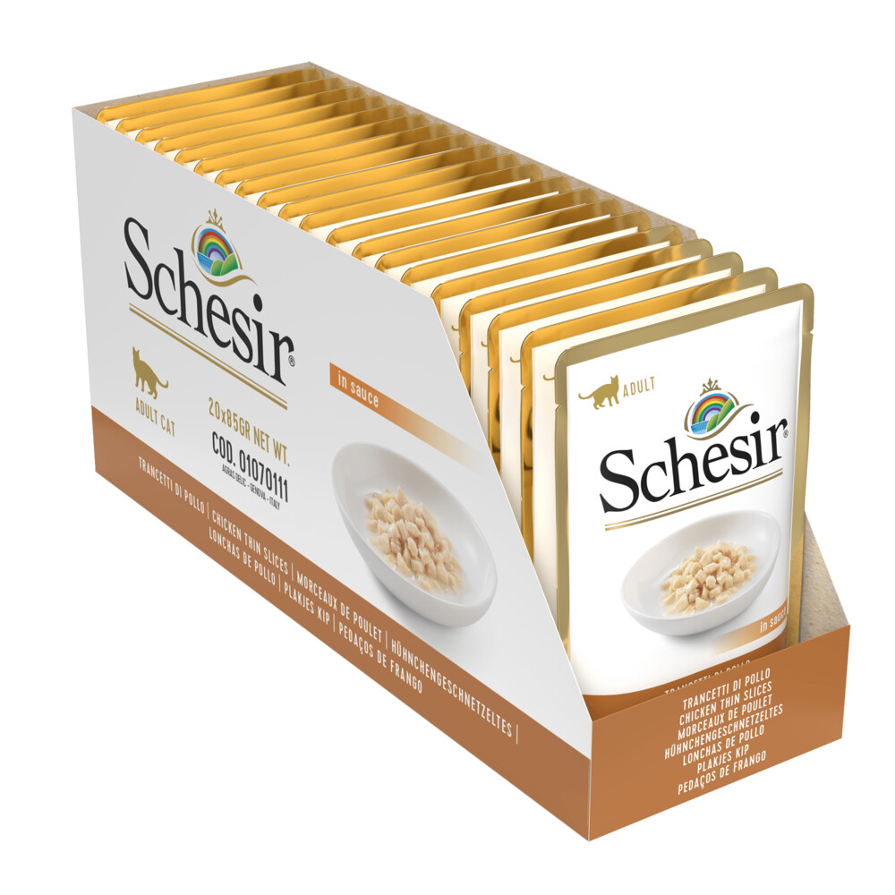 20x Schesir Kattenvoer Tonijn Plakjes Kip in Saus85 gr