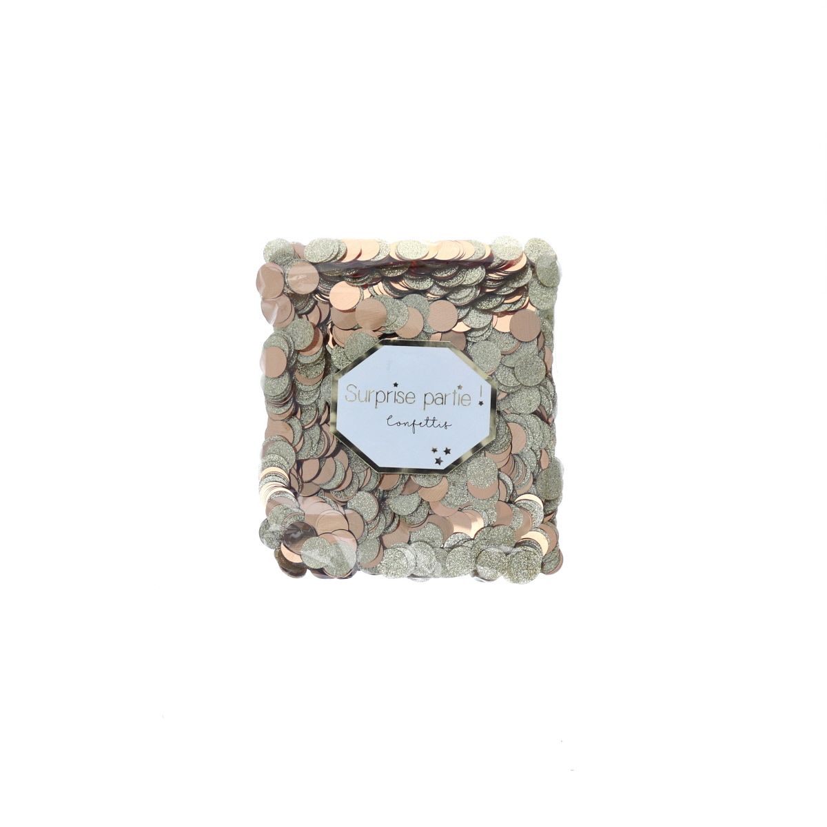 Confettis ronds rose champagne et paillettes Surprise Partie !