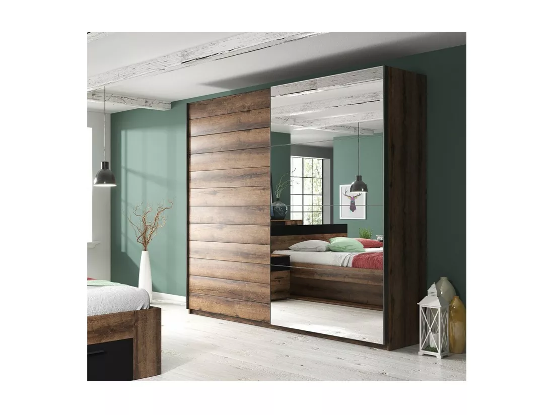 Chambre à coucher EOS : Armoire, Lit 180x200, commode, chevets. Couleur chêne foncé et noir