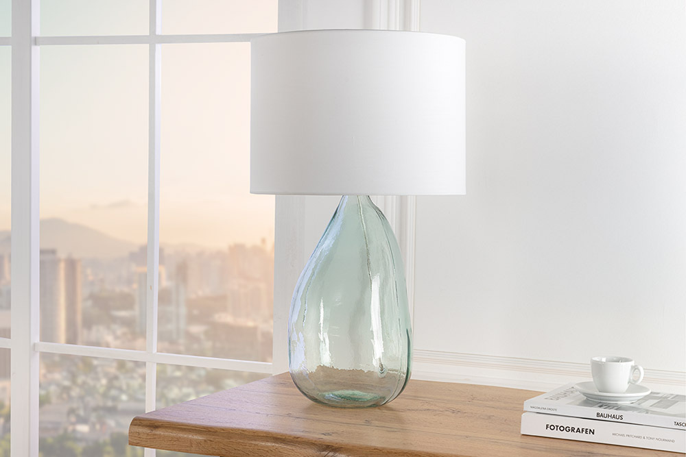 Moderne Tischlampe CLASSIC 60cm transparent recyceltes Glas weiß Stoffschirm