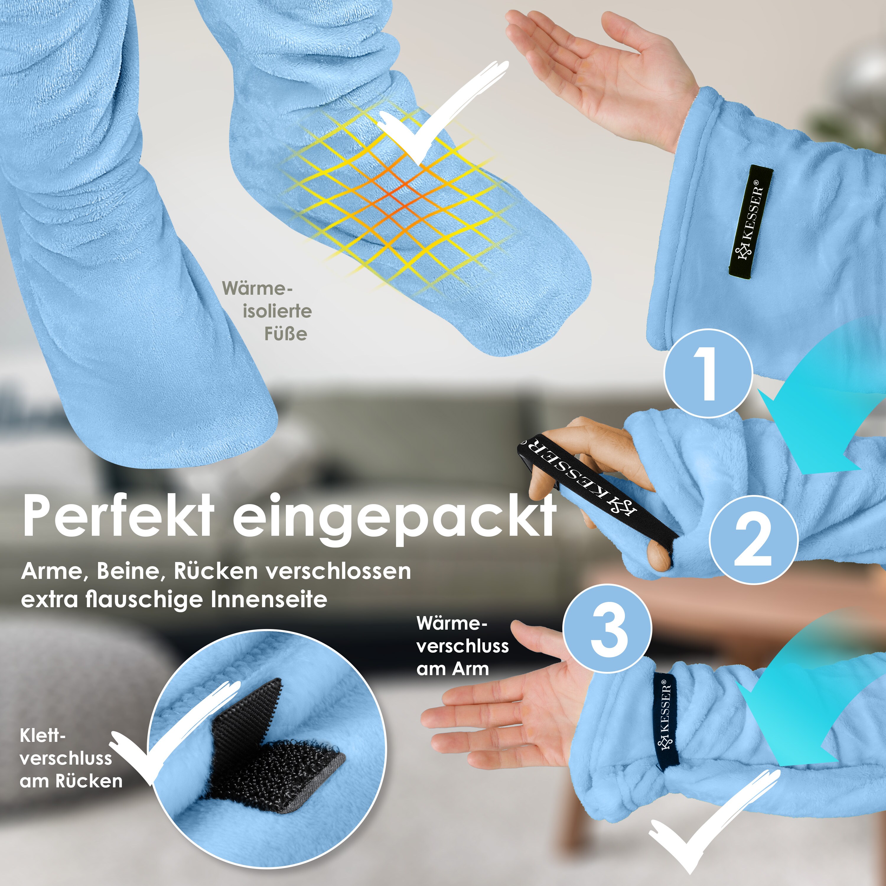 KESSER® Kuscheldecke TV Decke mit Ärmeln & Fußtasche Ärmeldecke Extra Weich Ärmeldecke Flauschige Inkl. 2-in-1 Außentasche tragbare Lounge-Decke Tragbar Ganzkörperdecke mit Ärmel