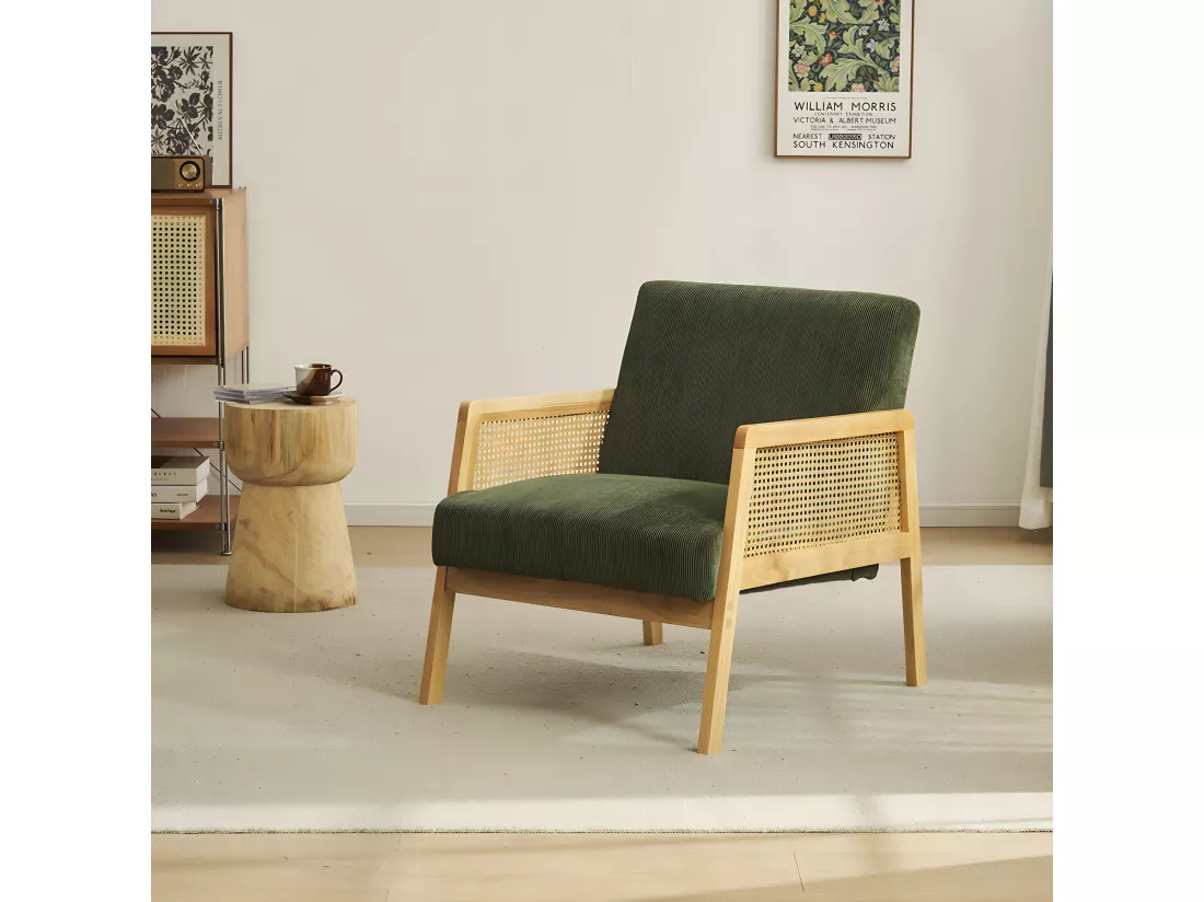 Fauteuil en cannage et velours côtelé vert kaki - Mani