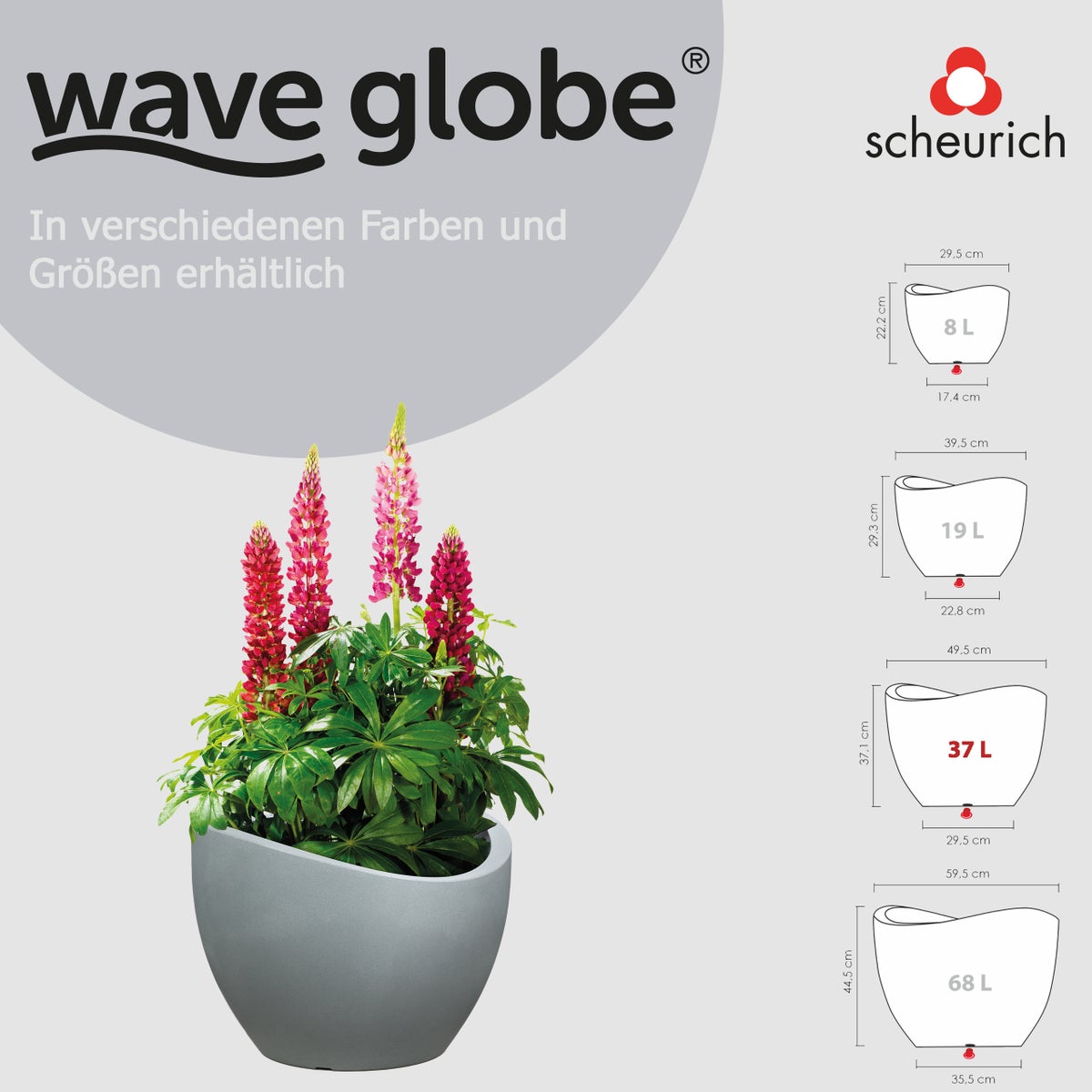 Scheurich Wave Globe 50, plantenbak/bloempot, rond, gemaakt van kunststof, kleur: Stony Grey, diameter 49,5 cm, hoogte 37,1 cm, inhoud 37 l.