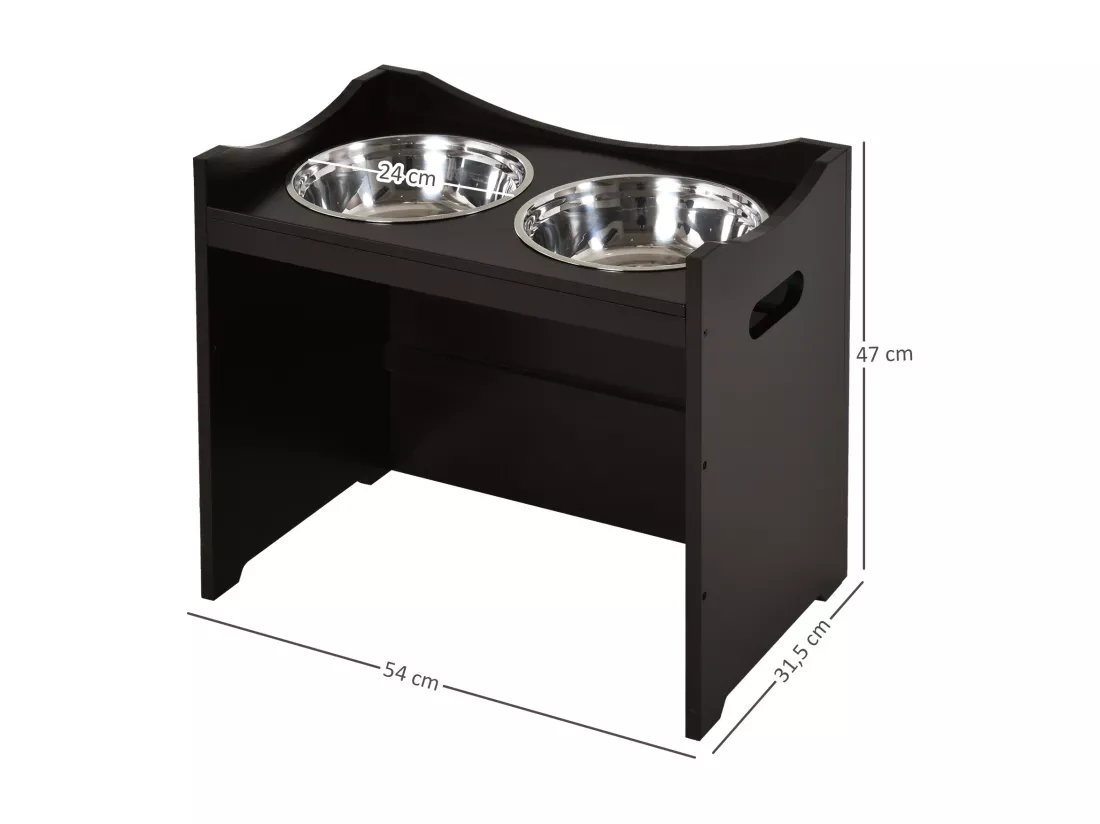 Gamelle double chien chat Porte-gamelles surélevé dim. 54L x 31l x 47H cm 2 gamelles acier inox. incluses MDF brun foncé